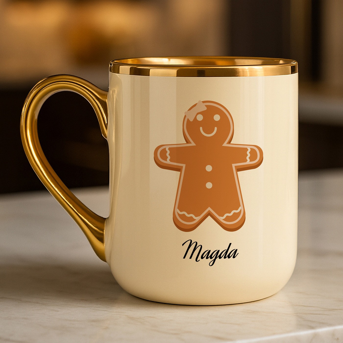 Tasse en céramique beige personnalisée avec bord et anse dorés avec impression pour une copine pour Noël