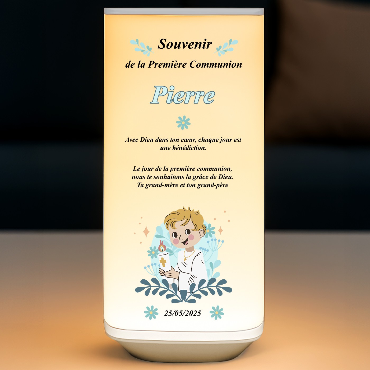 Veilleuse LED avec impression pour la première communion d'un petit garçon