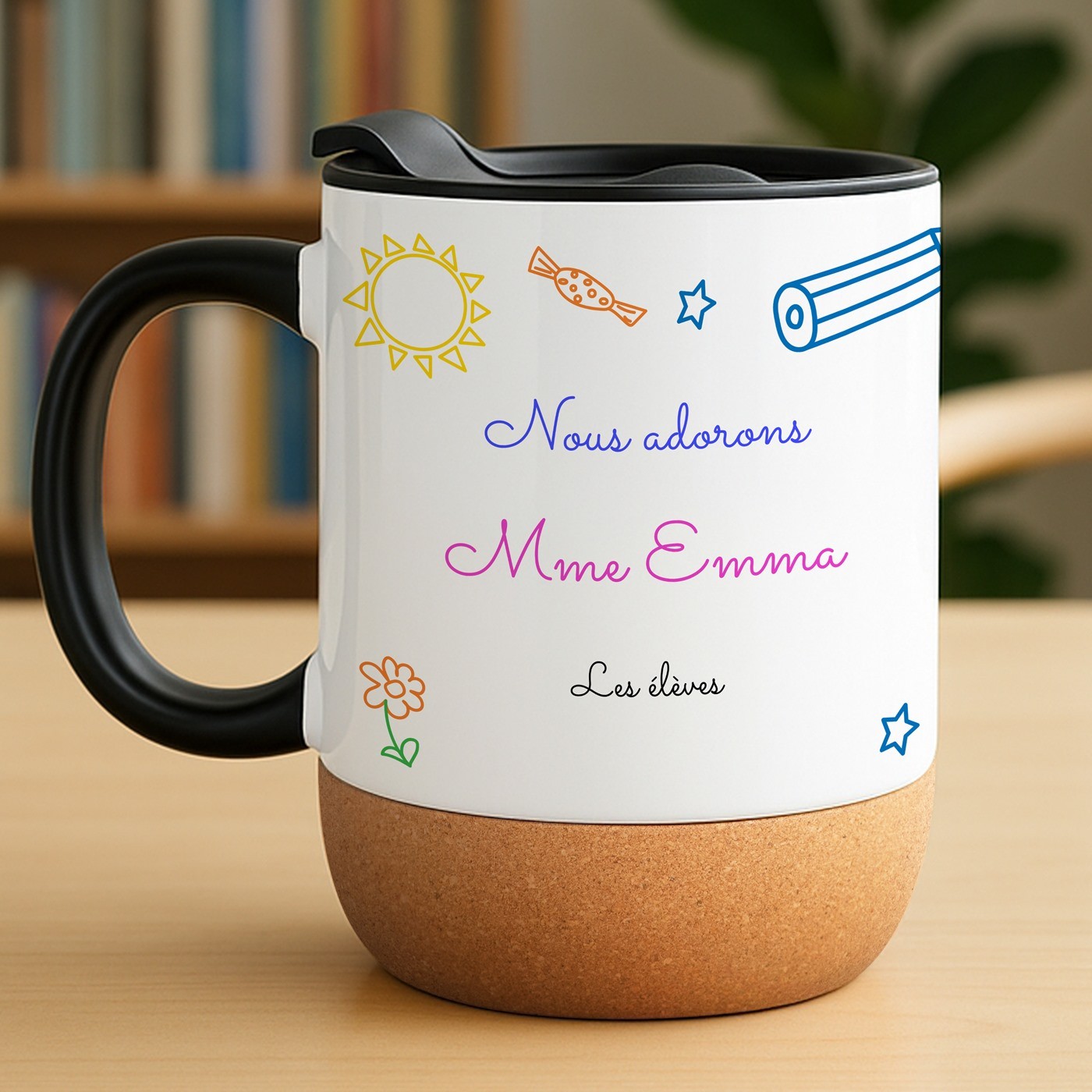 Mug blanc avec impression et couvercle et fond en liège pour elle anniversaire