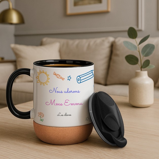 Mug blanc avec impression et couvercle et fond en liège pour elle anniversaire