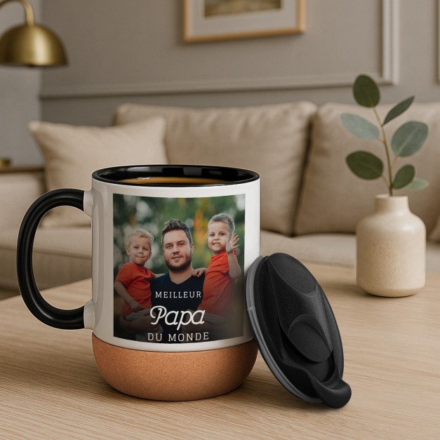 Mug blanc avec impression et couvercle pour père fête des pères
