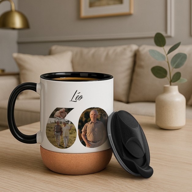 Mug blanc avec impression et couvercle pour grand pere 60 ans anniversaire