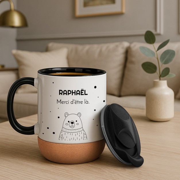 Mug blanc avec impression et couvercle pour copain ourson anniversaire