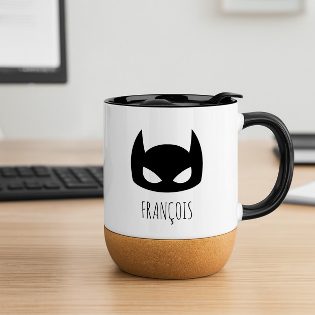 Mug blanc avec impression et couvercle pour lui superhéros