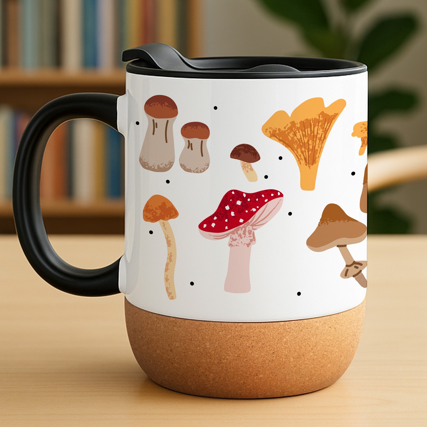 Mug blanc avec impression et couvercle pour elle cueilleuse de champignons
