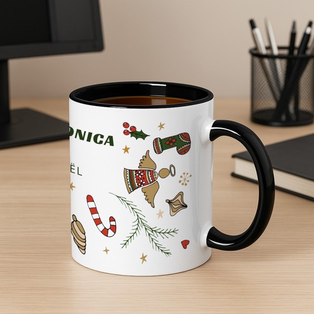 Tasse en céramique blanche et fond noir personnalisée avec impression pour une femme pour Noël