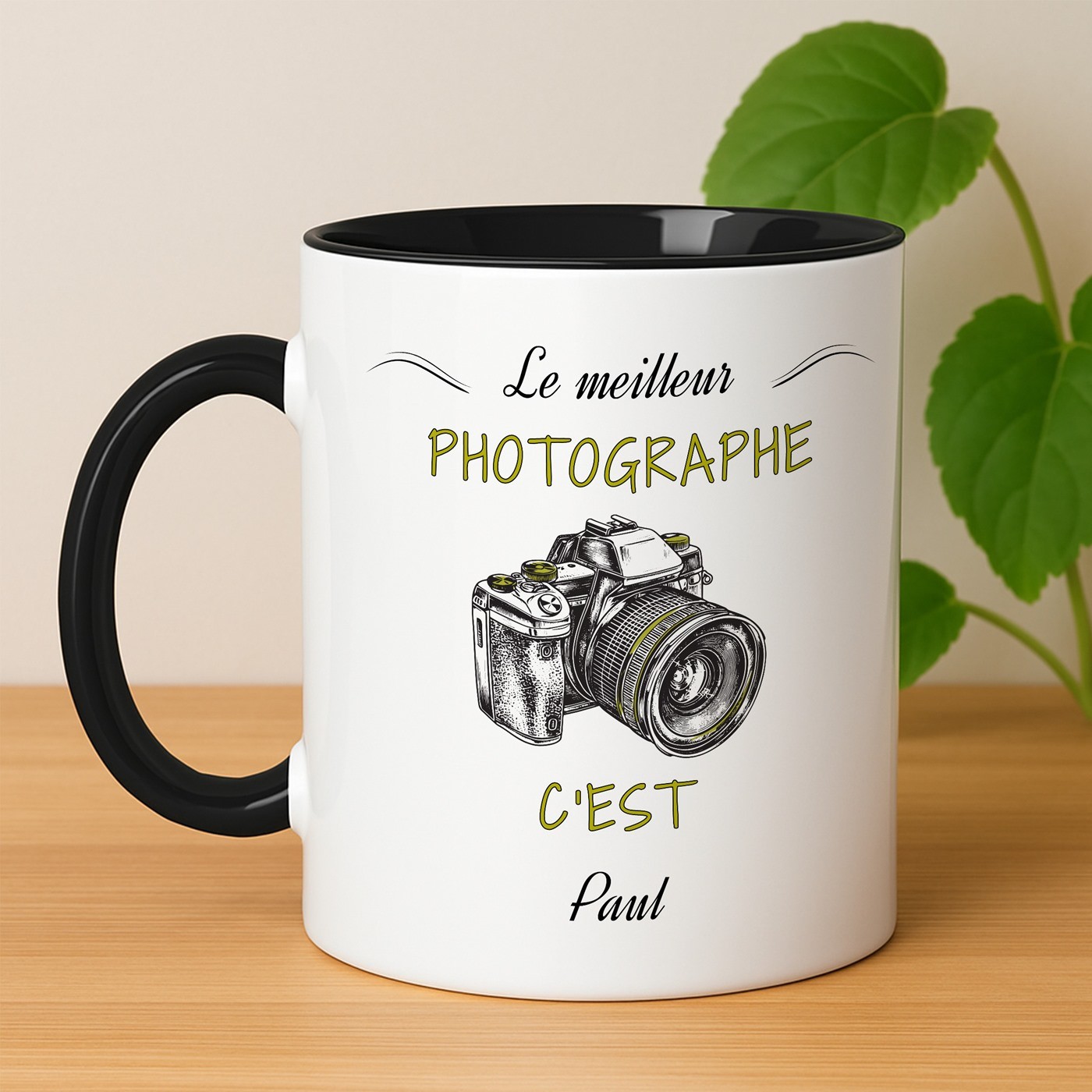 Tasse en céramique blanche et fond noir personnalisée avec impression pour l'anniversaire d'un photographe