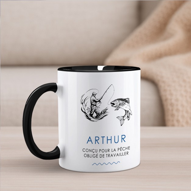 Tasse en céramique blanche et fond noir personnalisée avec impression pour l'anniversaire d'un pêcheur