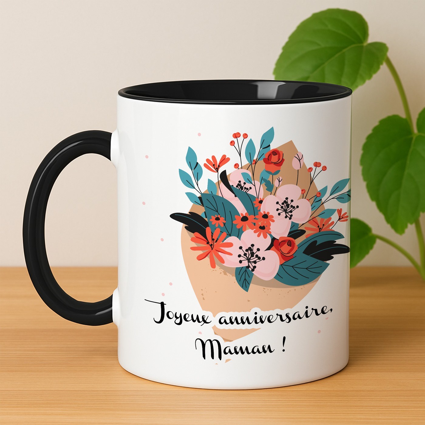 Tasse en céramique blanche et fond noir personnalisée avec impression pour maman pour son anniversaire