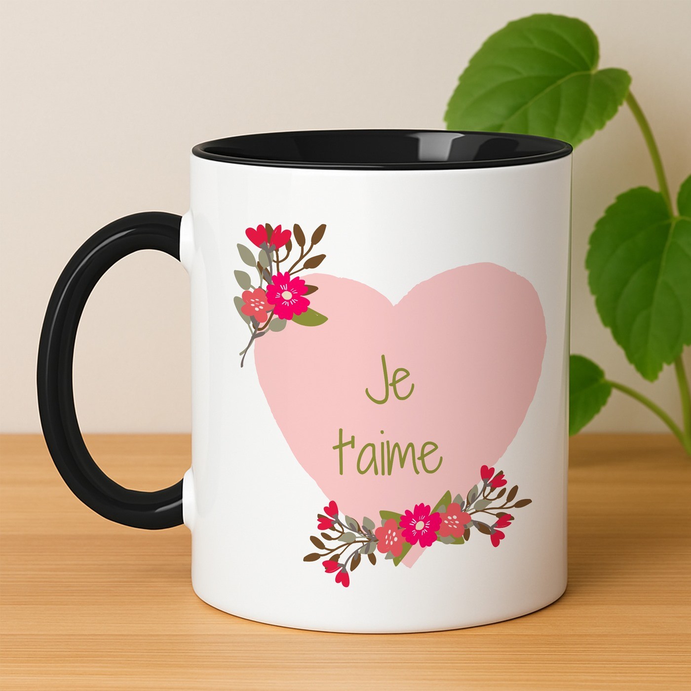 Tasse en céramique blanche et fond noir personnalisée avec impression pour elle ou pour lui pour la Saint-Valentin