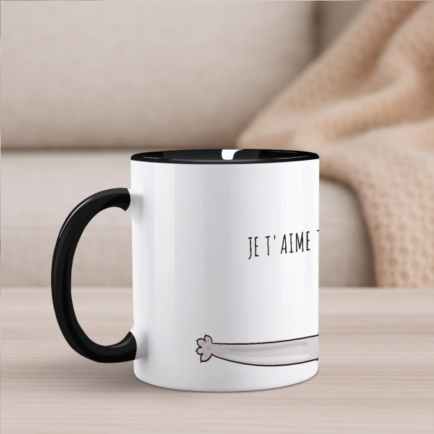 Tasse en céramique blanche et fond noir avec personnalisation pour l'anniversaire d'une amoureuse des chats