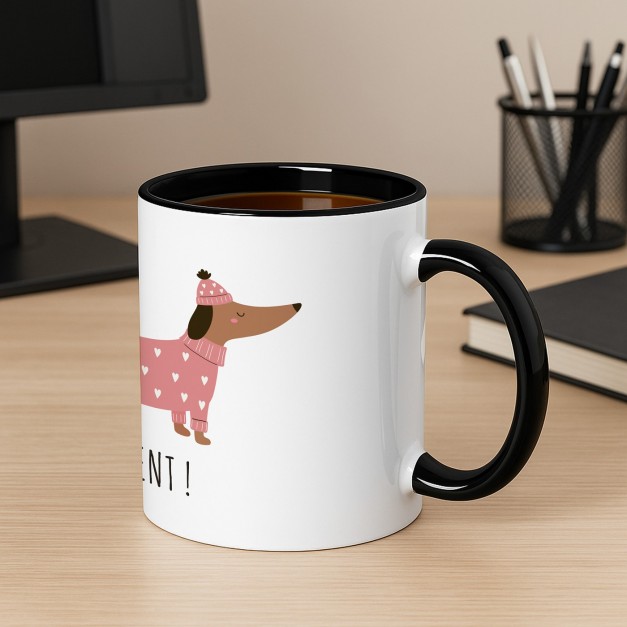 Tasse en céramique blanche et fond noir personnalisée avec impression pour l'anniversaire d'une amoureuse des chiens