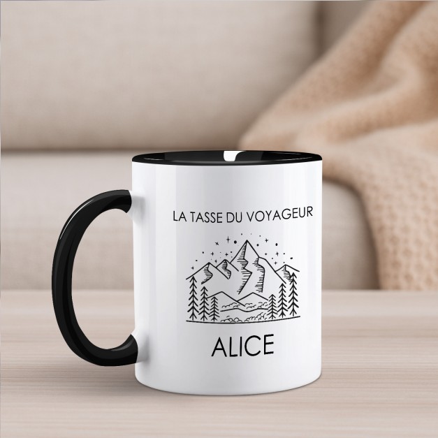 Tasse en céramique blanche et fond noir personnalisée avec impression pour l'anniversaire d'un voyageur