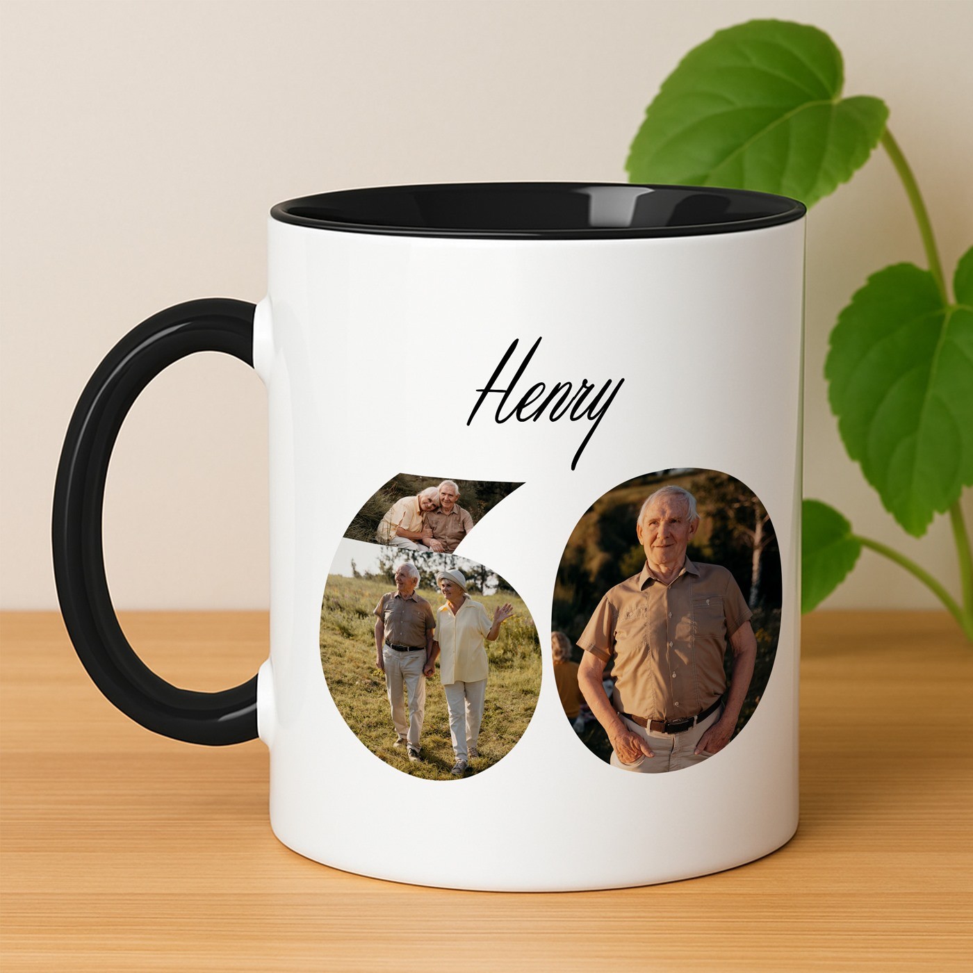 Tasse en céramique blanche et fond noir personnalisée avec impression avec photo pour un papy pour ses 60 ans