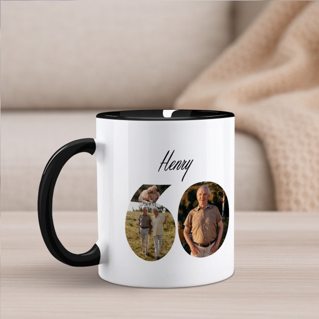 Tasse en céramique blanche et fond noir personnalisée avec impression avec photo pour un papy pour ses 60 ans