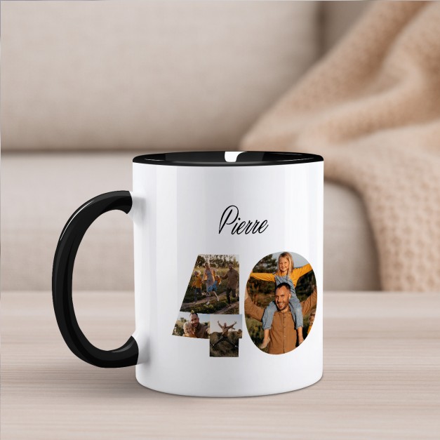 Tasse en céramique blanche et fond noir personnalisée avec impression avec photo pour un mari pour ses 40 ans