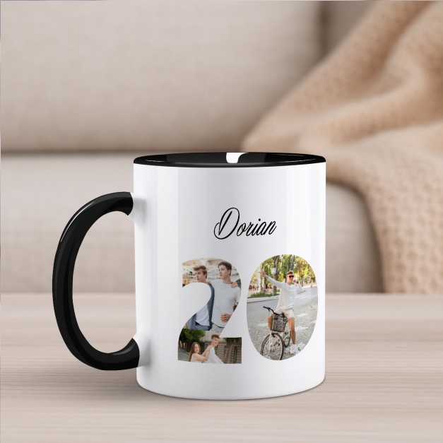 Tasse en céramique blanche et fond noir personnalisée avec impression avec photo pour lui pour ses 20 ans