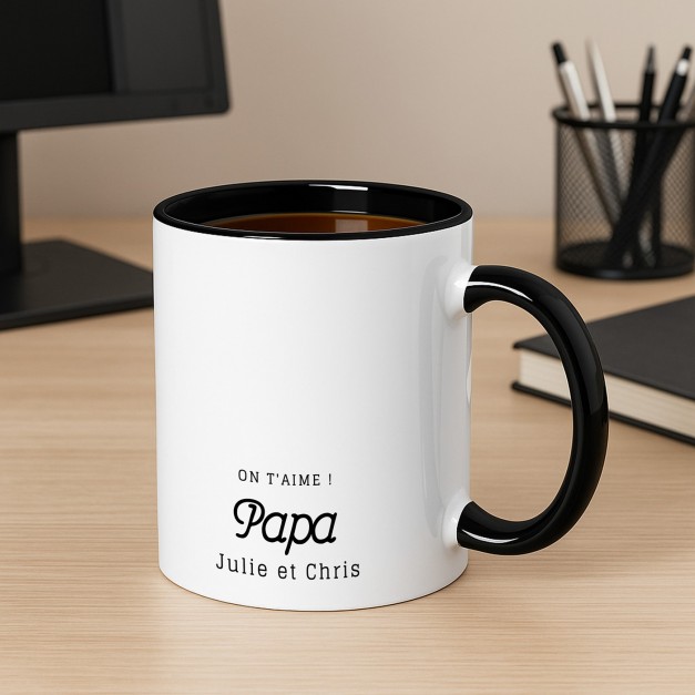 Tasse en céramique blanche et fond noir avec personnalisation avec photo pour la fête des pères