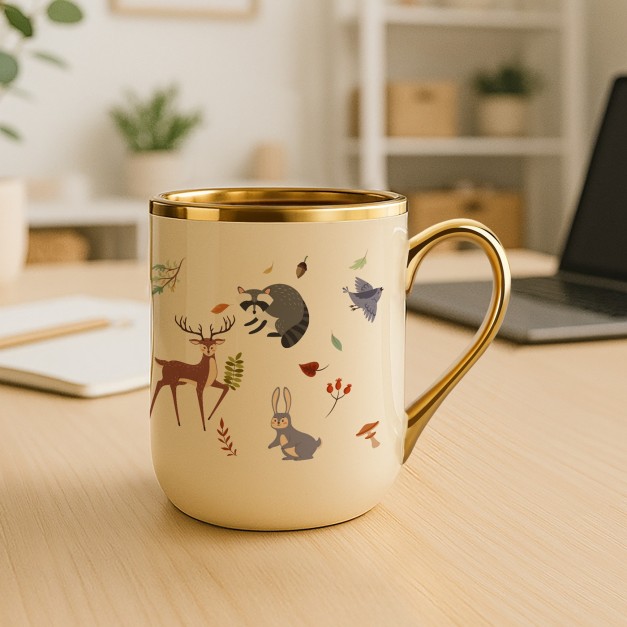 Tasse en céramique beige personnalisée avec bord et anse dorés avec impression pour l'anniversaire d'un fils