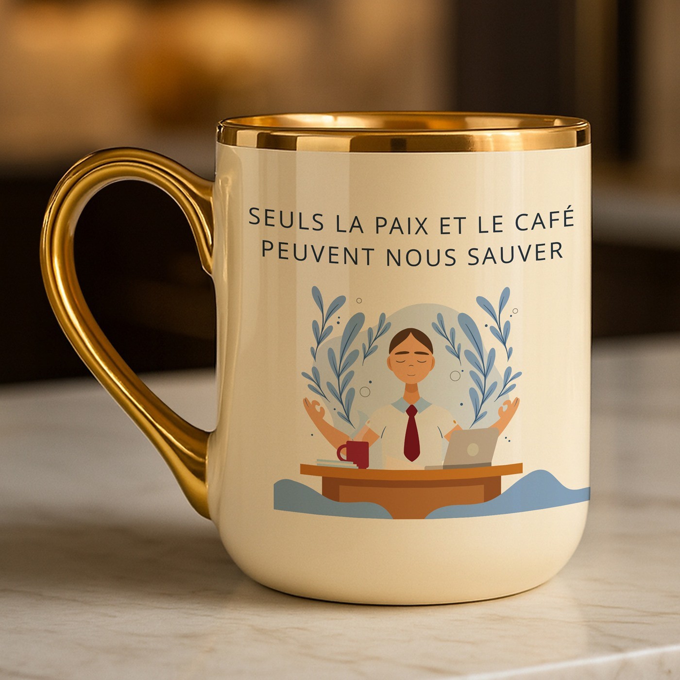 Tasse en céramique beige avec bord et anse dorés avec personnalisation pour un enseignant