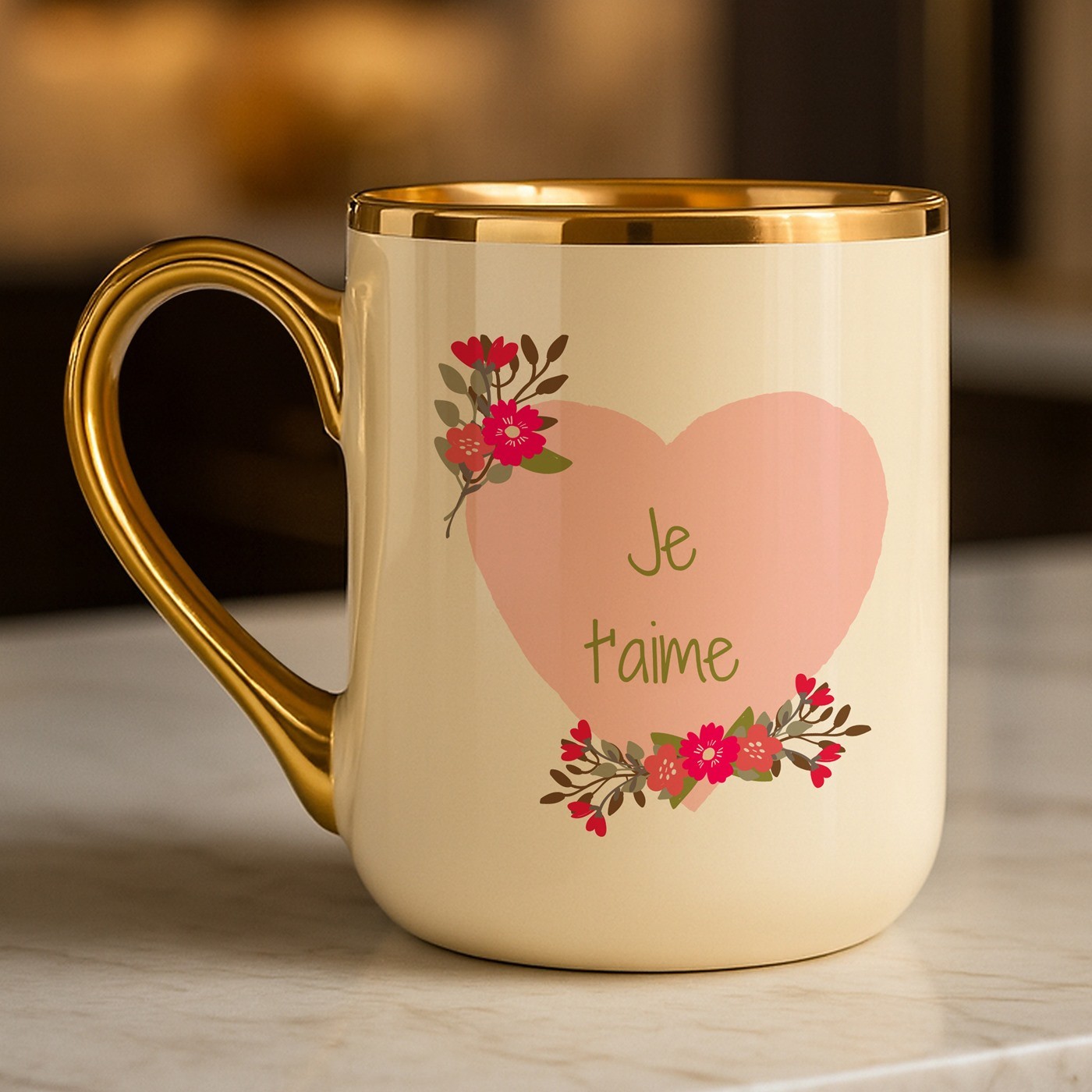 Tasse en céramique beige personnalisée avec bord et anse dorés avec impression pour un homme et une femme pour la Saint-Valentin