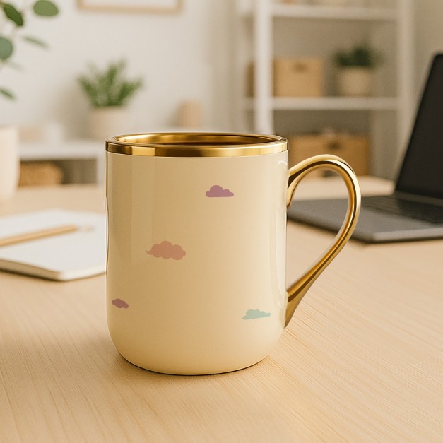 Tasse en céramique beige personnalisée avec bord et anse dorés avec impression pour l'anniversaire d'une femme