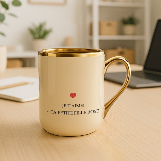 Tasse en céramique beige avec bord et anse dorés avec personnalisation pour l'anniversaire d'une mamie