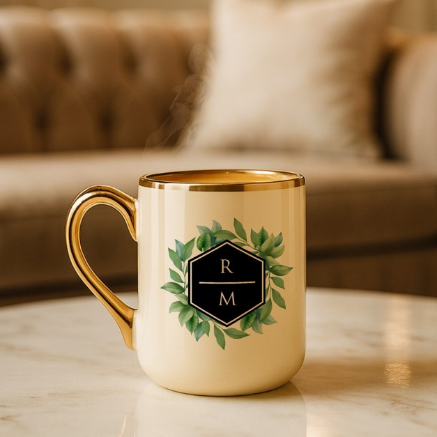 Tasse en céramique beige personnalisée avec bord et anse dorés avec impression pour elle ou pour lui pour la Saint-Valentin