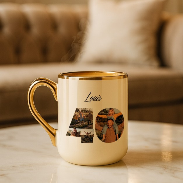Tasse en céramique beige personnalisée avec bord et anse dorés avec impression avec photo pour un copain pour ses 40 ans