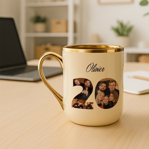 Tasse en céramique beige personnalisée avec bord et anse dorés avec impression avec photo pour un copain pour ses 20 ans