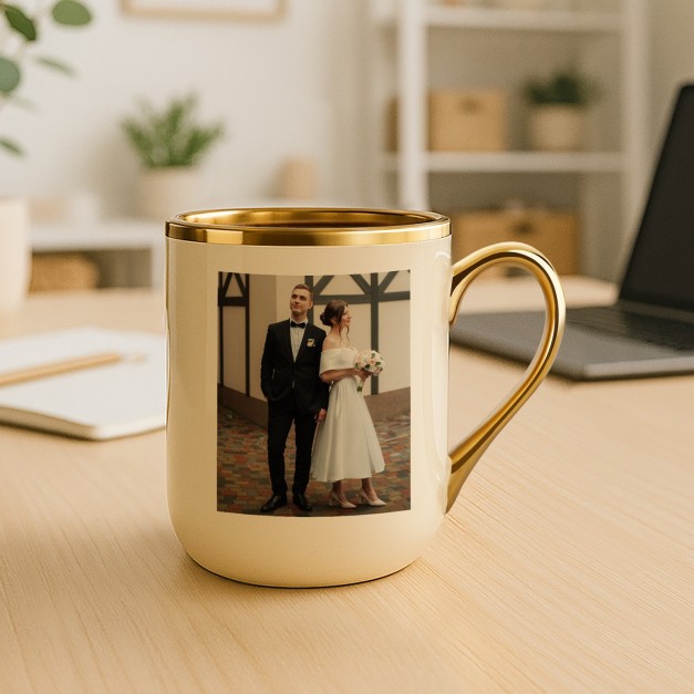 Tasse en céramique beige personnalisée avec bord et anse dorés avec impression avec photo une femme pour l'anniversaire de maria