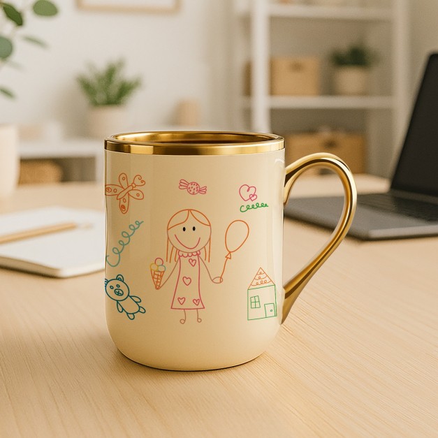 Tasse en céramique beige avec bord et anse dorés avec personnalisation pour une institutrice de maternelle