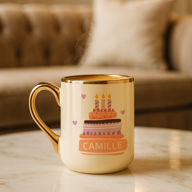 Tasse en céramique beige avec bord et anse dorés avec personnalisation pour l'anniversaire d'une filleule