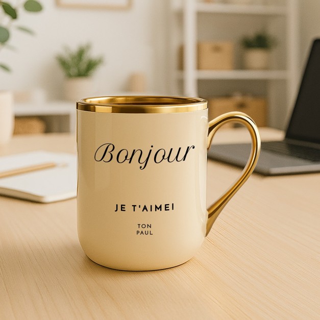 Tasse en céramique beige personnalisée avec bord et anse dorés avec impression pour une épouse pour l'anniversaire de mariage