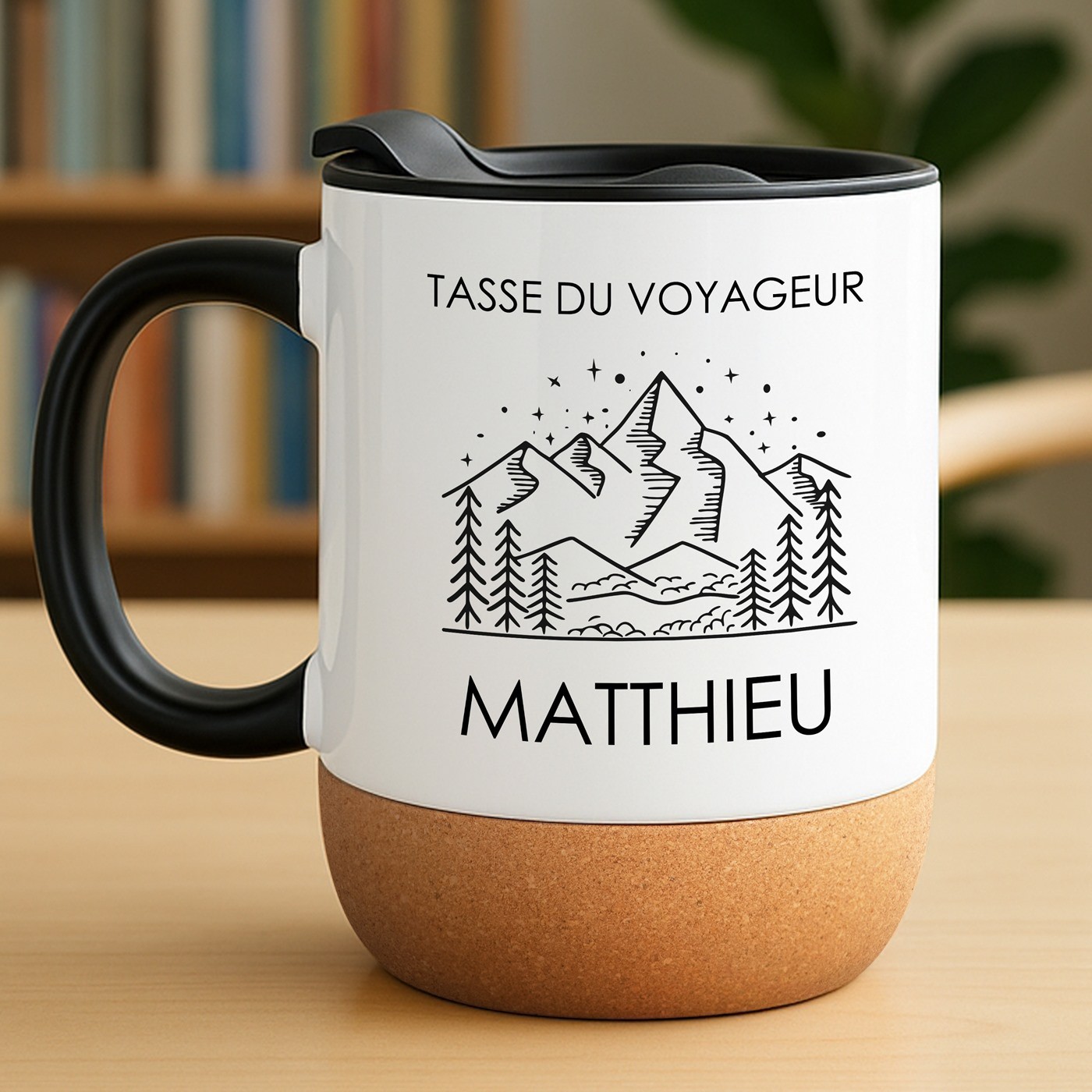 Mug blanc avec impression et couvercle pour copain aventurier