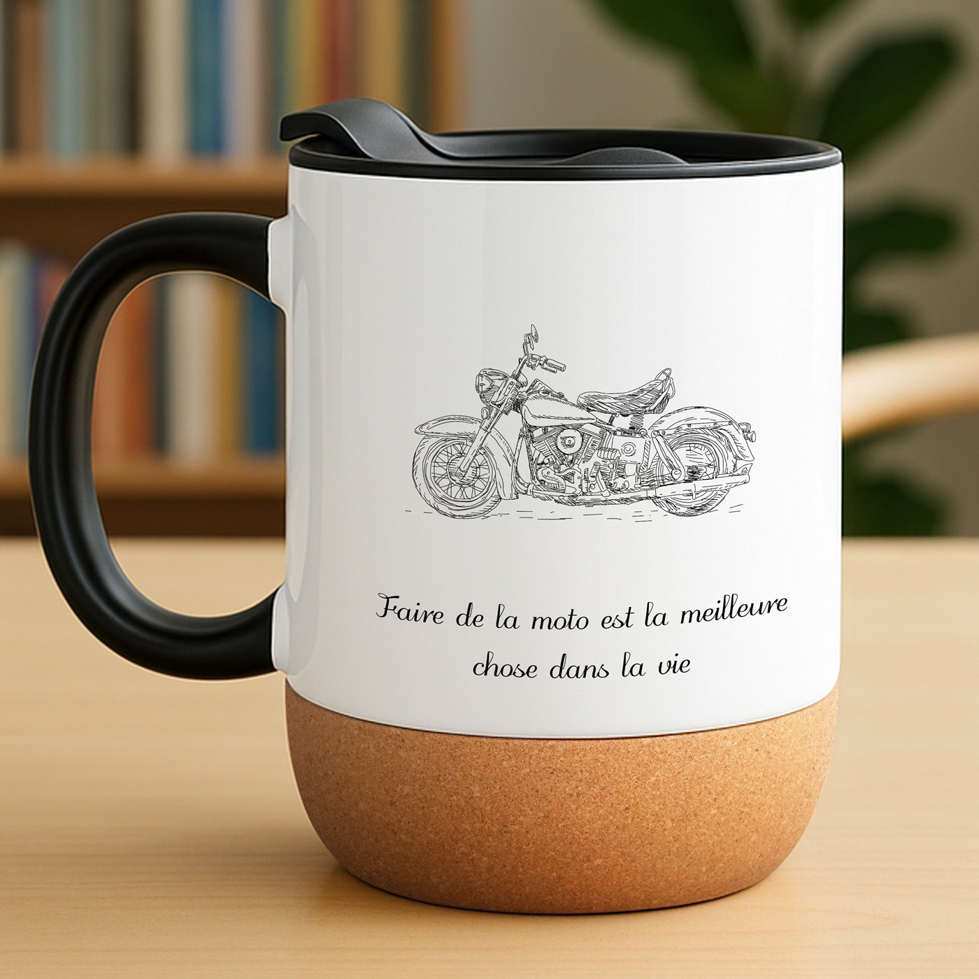 Mug blanc avec impression et couvercle pour homme motocycliste