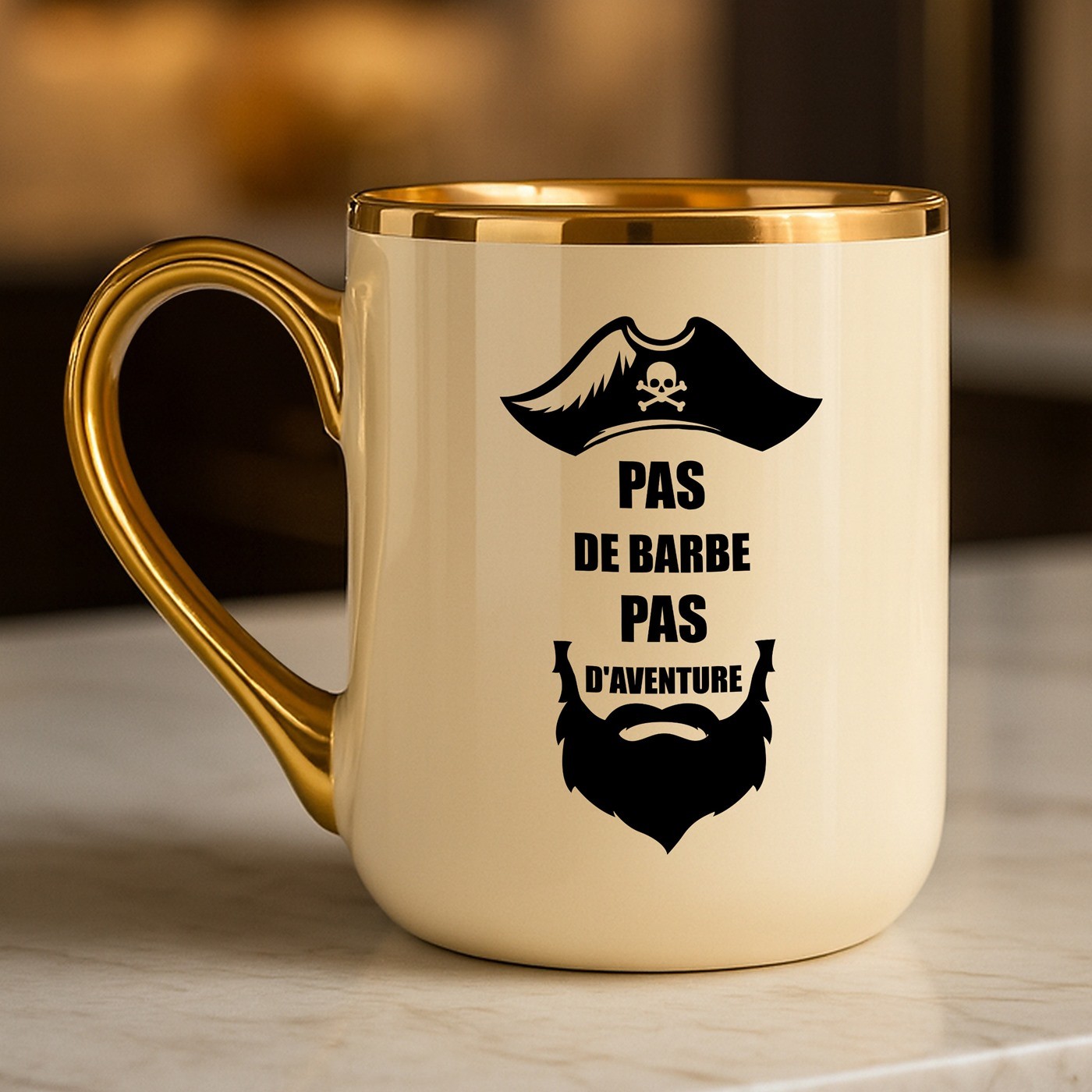 Tasse en céramique beige avec bord et anse dorés avec personnalisation pour l'anniversaire d'un barbu