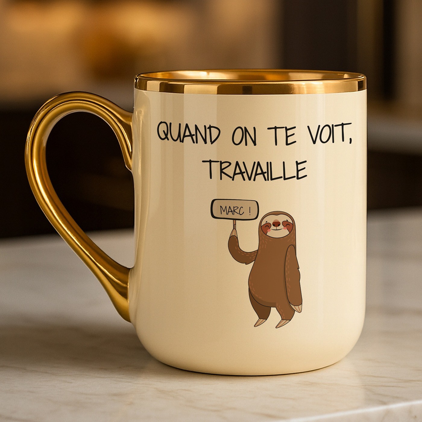 Tasse en céramique beige personnalisée avec bord et anse dorés avec impression pour l'anniversaire d'un paresseux
