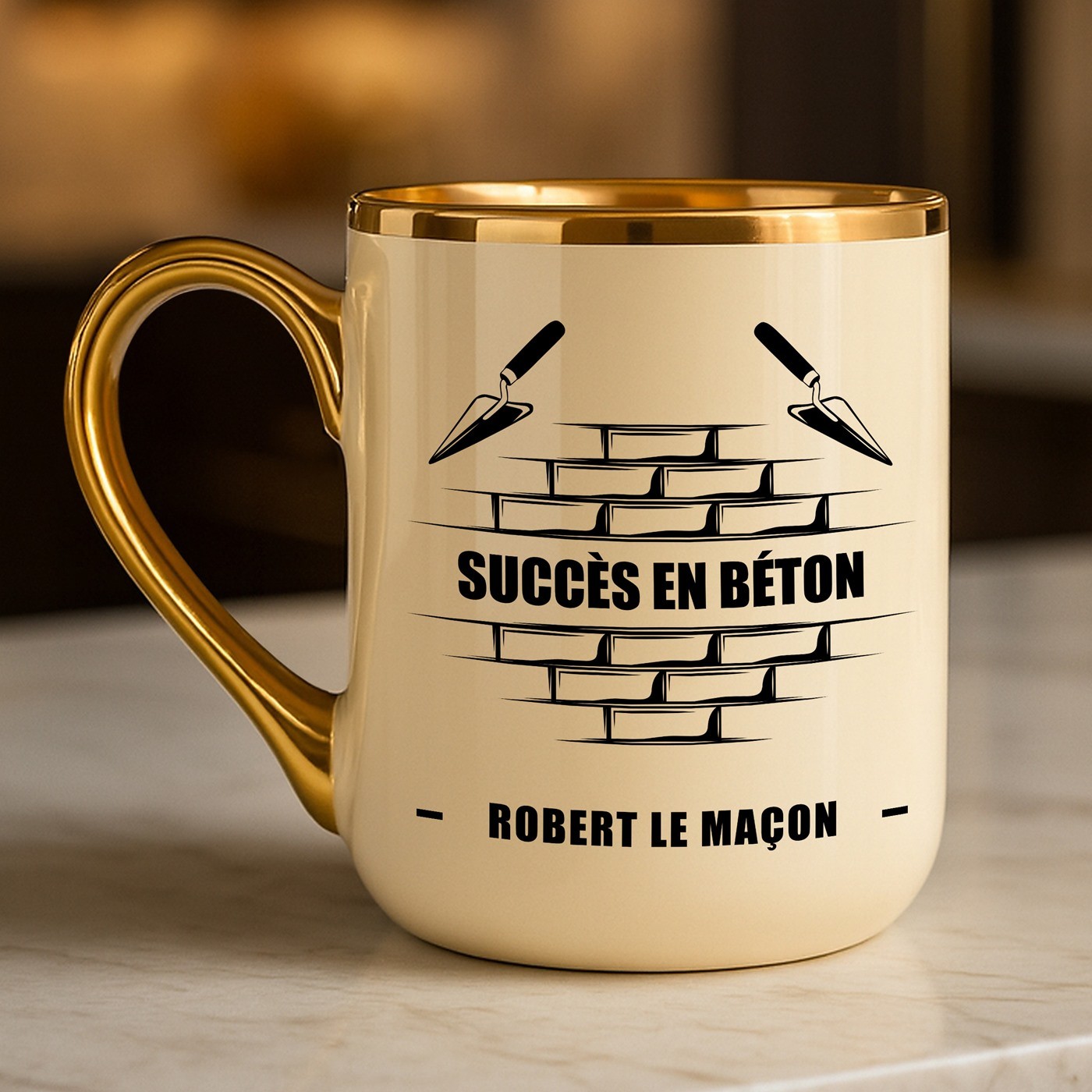 Tasse en céramique beige avec bord et anse dorés avec personnalisation pour l'anniversaire d'un bricoleur