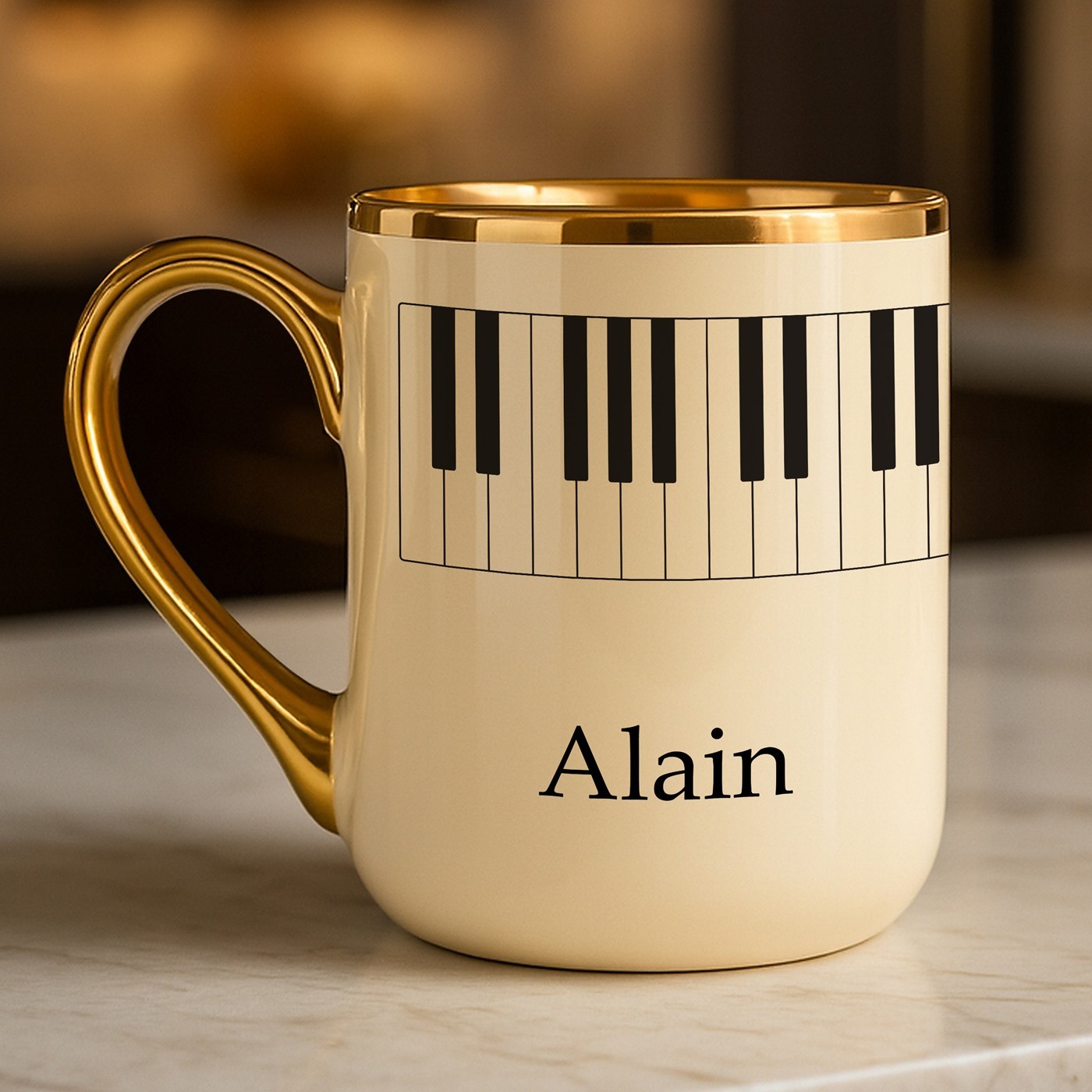 Tasse en céramique beige avec bord et anse dorés avec personnalisation pour l'anniversaire d'un musicien
