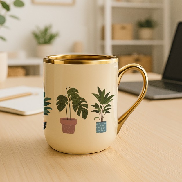 Tasse en céramique beige avec bord et anse dorés avec personnalisation pour l'anniversaire d'une passionnée de jardin