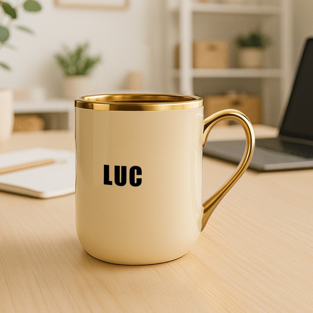 Tasse en céramique beige personnalisée avec bord et anse dorés avec impression pour l'anniversaire d'un passionné de rock