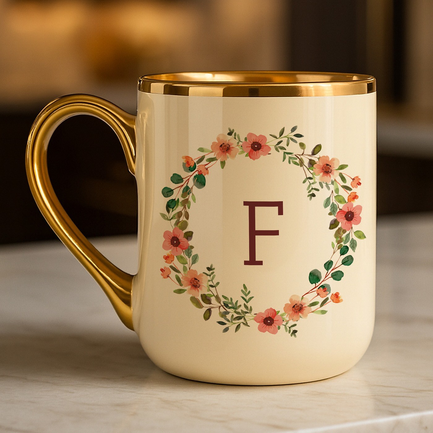 Tasse en céramique beige avec bord et anse dorés avec personnalisation pour elle pour son anniversaire