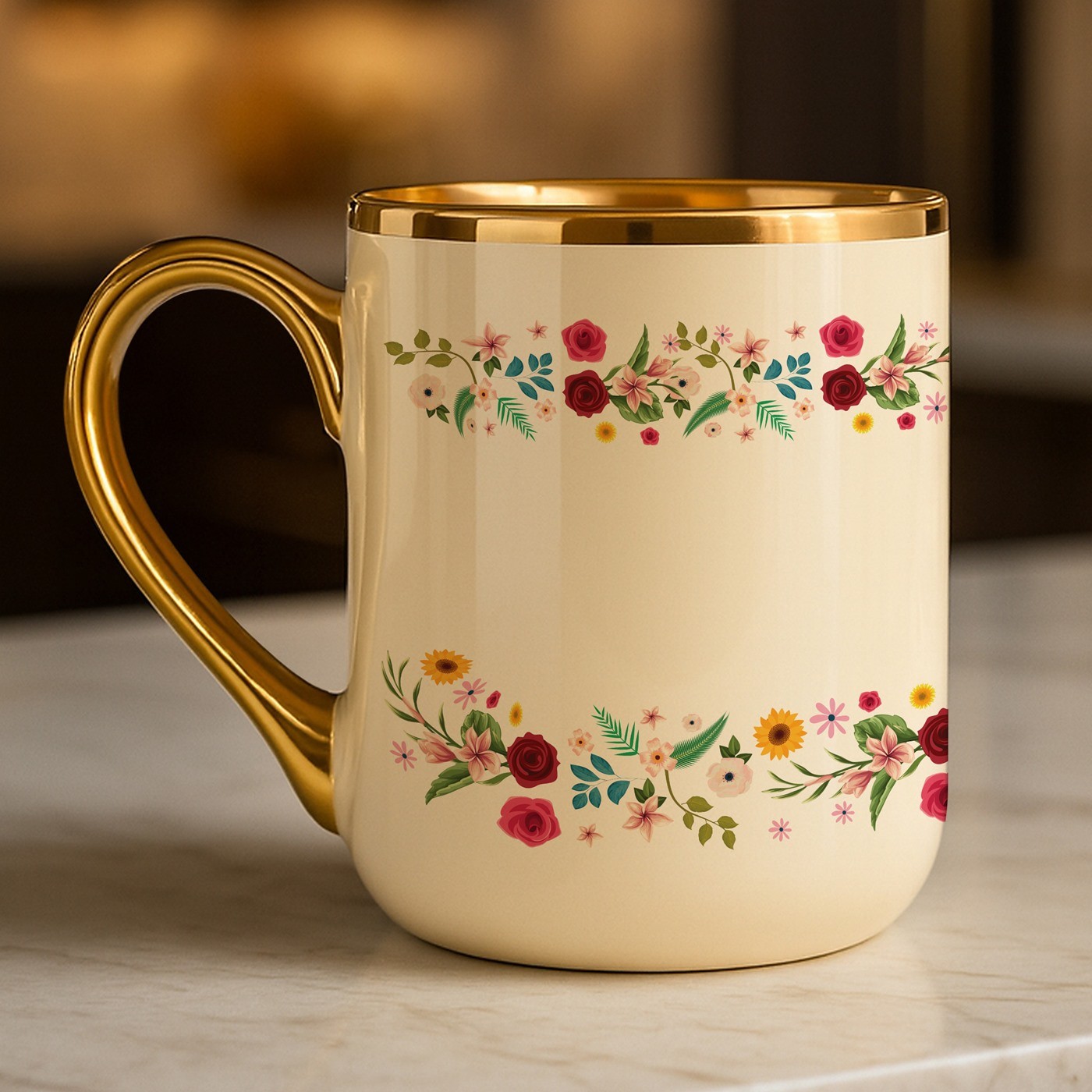 Tasse en céramique beige personnalisée avec bord et anse dorés avec impression pour une amie