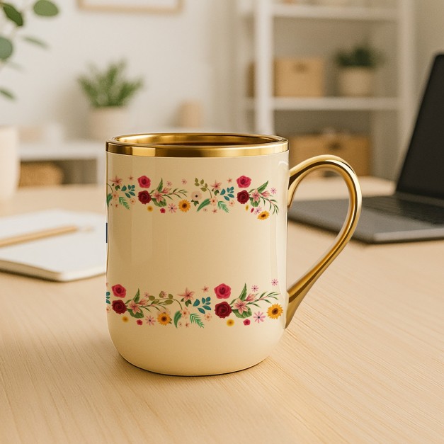 Tasse en céramique beige personnalisée avec bord et anse dorés avec impression pour une amie