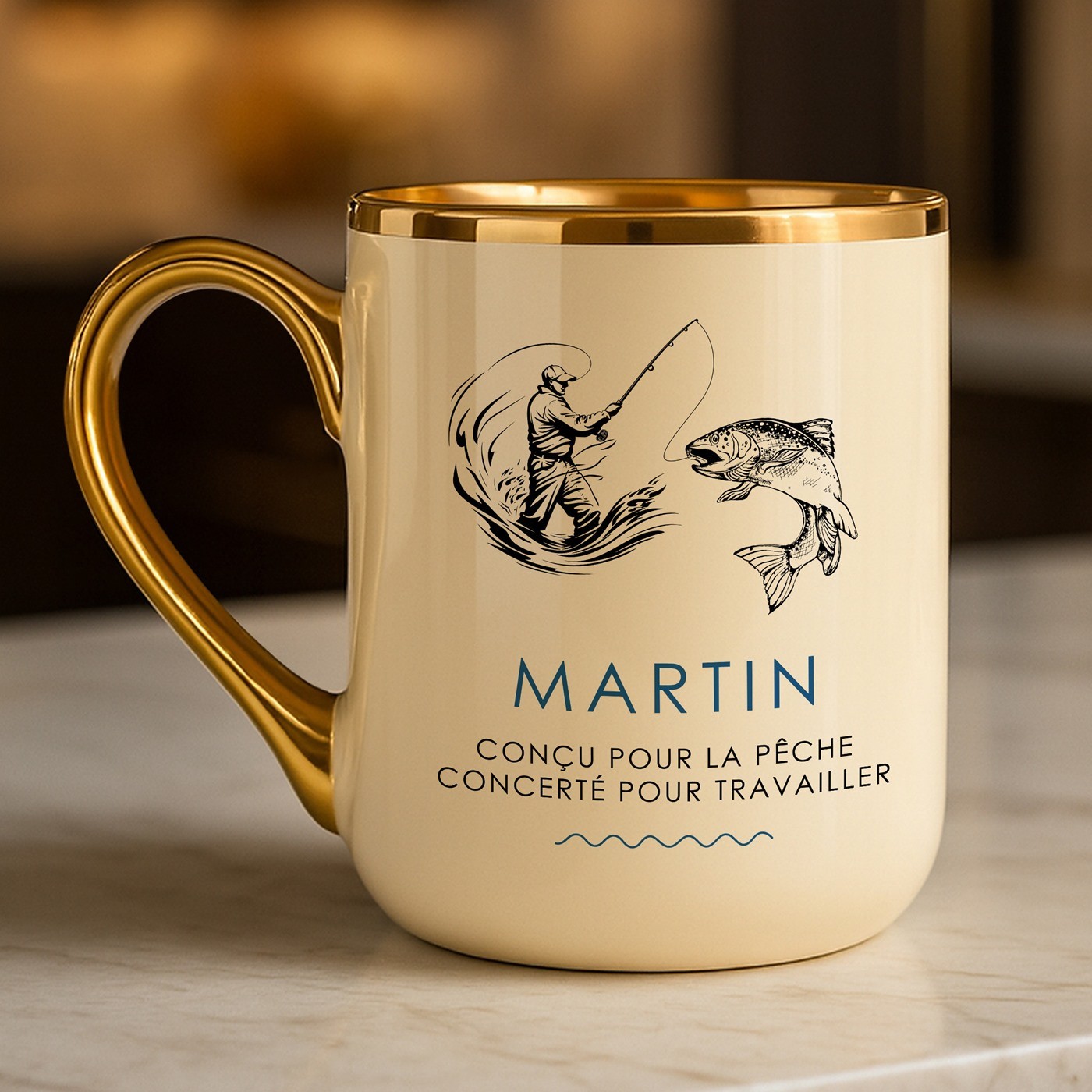 Tasse en céramique beige personnalisée avec bord et anse dorés avec impression pour l'anniversaire d'un ami pêcheur