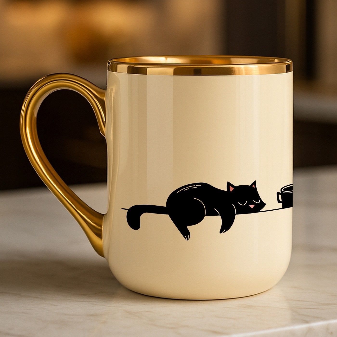 Tasse en céramique beige personnalisée avec bord et anse dorés avec impression pour l'anniversaire d'une collègue amoureuse des