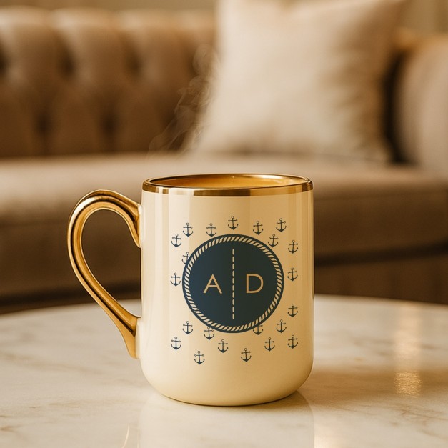 Tasse en céramique beige avec bord et anse dorés avec personnalisation pour l'anniversaire d'un ami passionné de la mer