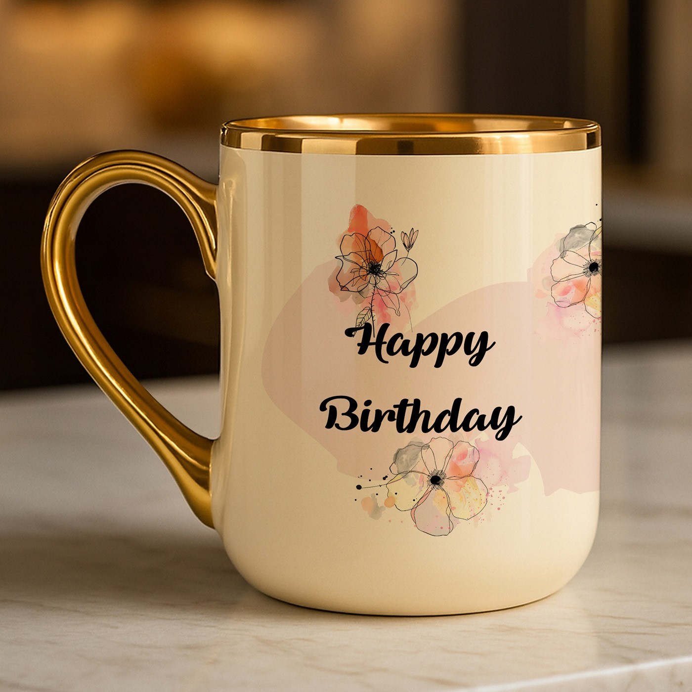 Tasse en céramique beige personnalisée avec bord et anse dorés avec impression pour l'anniversaire d'une copine