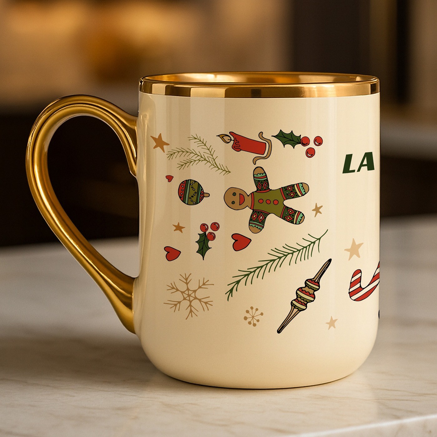 Tasse en céramique beige avec bord et anse dorés avec personnalisation pour une femme pour Noël